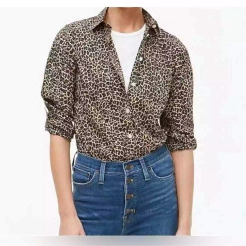 J. Crew Leopard Animal Print Long Sleeves Button Down Shirt Size M Cotton
